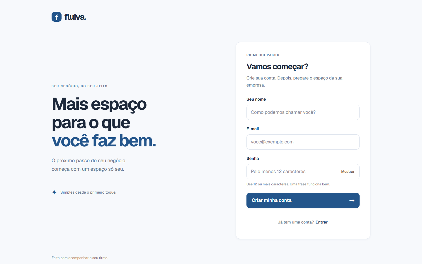 Tela de criação de conta do Fluiva em desktop