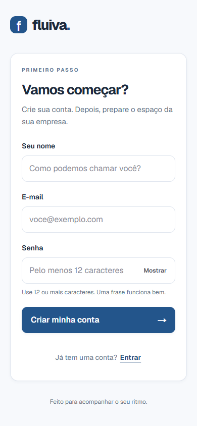 Tela de criação de conta do Fluiva em celular