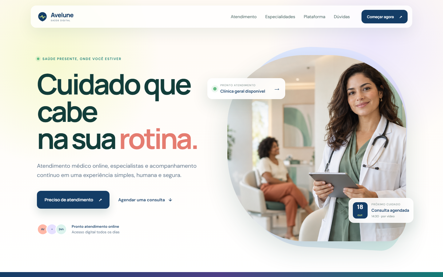 Página inicial da plataforma Avelune Saúde em desktop