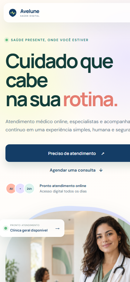 Página inicial da Avelune Saúde em celular